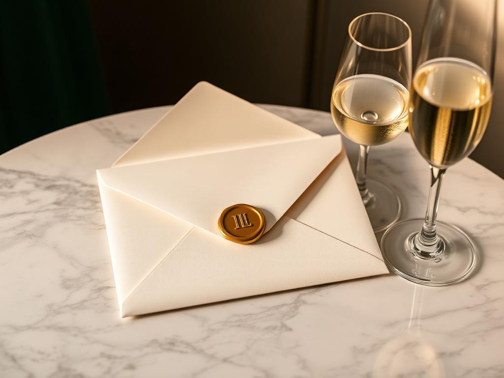 Convite em envelope marfim com selo dourado