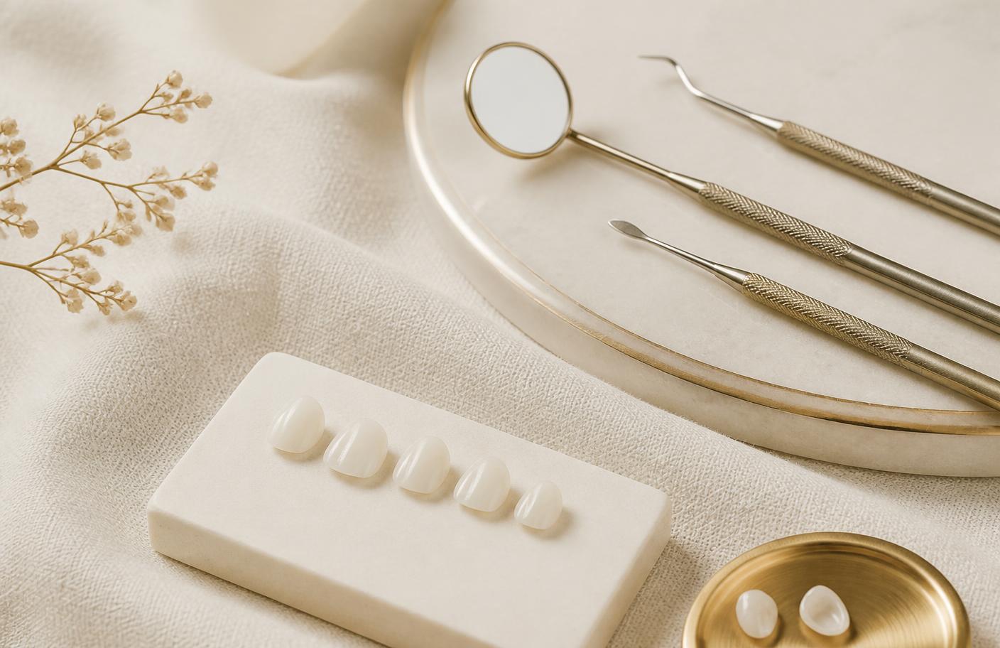 Composição editorial com instrumentos odontológicos e lâminas cerâmicas
